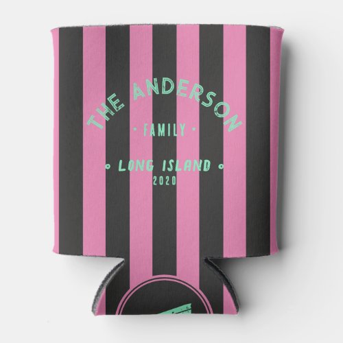 Seaside Pink and Black Striping &amp;Family Name Can Cooler