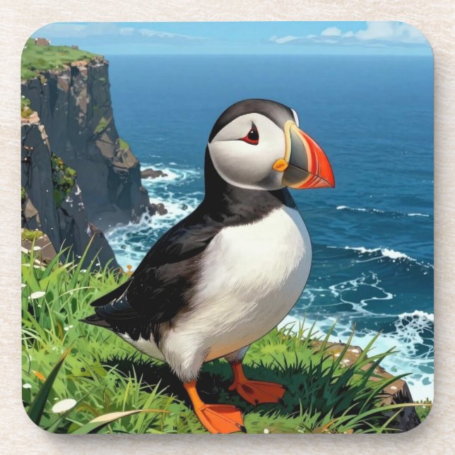 Seaside Puffin Illustration   Beverage Coaster (Front)