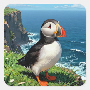 Seaside Puffin Illustration Square Sticker