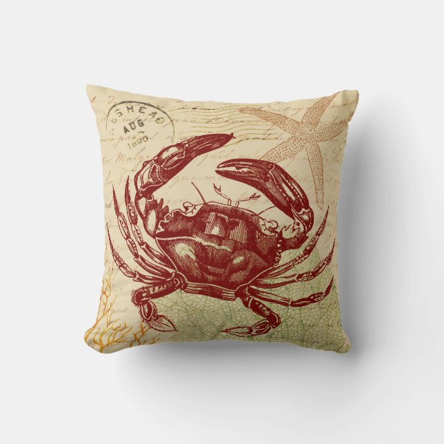 Seaside Red Crab Collage Throw Pillow (Front)