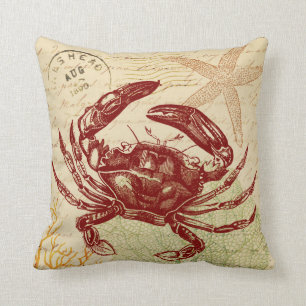 Seaside Red Crab Collage Throw Pillow