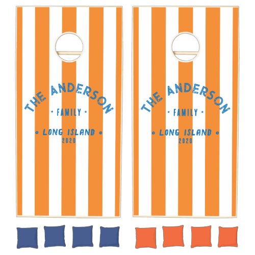 Seaside Retro New Amsterdam Stripe & Family Name Cornhole Set