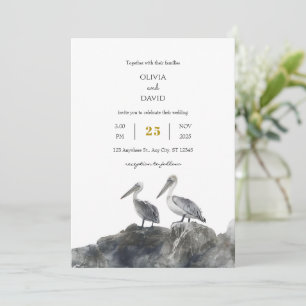Seaside Romance Dusty Pelican Couple Beach Wedding Invitation