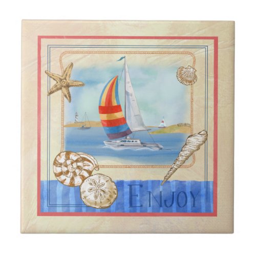 Seaside Sailboats Art Tile