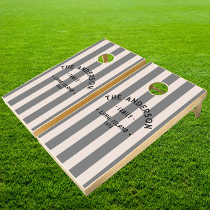Seaside Sandcastle Pink Striping & Family Name Cornhole Set
