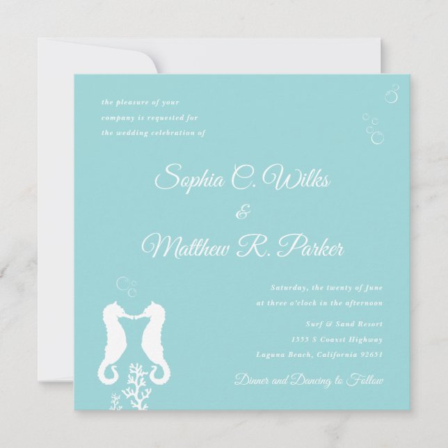 Seaside Seahorse Wedding Invitation | Aqua (Front)
