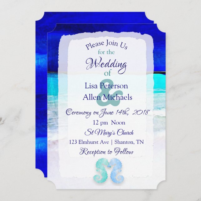 Seaside Seahorses Blue Beach Wedding invitations (Front/Back)