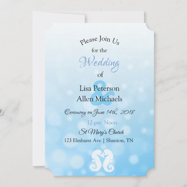 Seaside Seahorses Blue Bokeh Wedding invitations (Front)