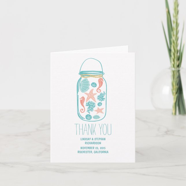 Seaside seashells mason jar wedding thank you card (Front)