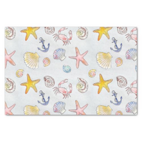 Seaside Seashells Starfish Watercolor Pattern Tissue Paper