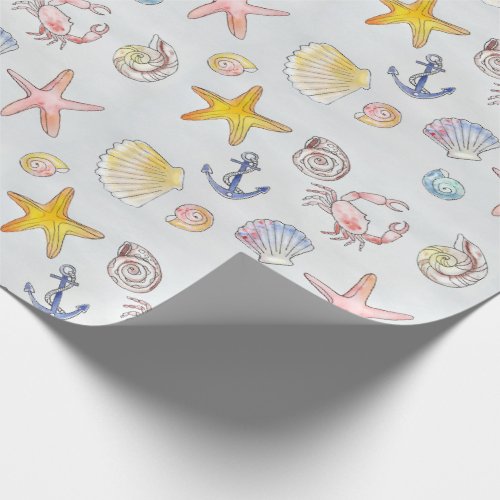 Seaside Seashells Starfish Watercolor Pattern Wrapping Paper