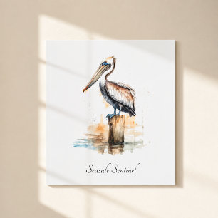 Seaside Sentinel Pelican Watercolor Metal Art