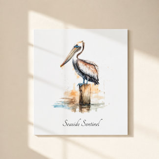 Seaside Sentinel Pelican Watercolor Metal Art