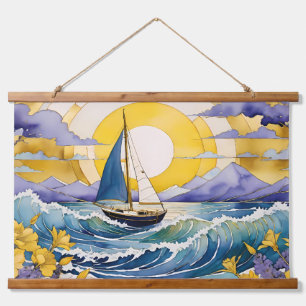 Seaside Serenity Sailboat Waves and Floral Hanging Tapestry