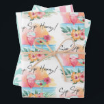 Seaside Sippin' | Tropical Beach Hibiscus Hooray Wrapping Paper Sheets<br><div class="desc">Tropical theme wrapping paper sheets feature a watercolor beach sunset with cocktails, flowers and palm leaves with a "Sip Sip Hooray" caption on sheet one. The second sheet features a pattern of white hibiscus flowers with an aqua blue background, and the third sheet features a stripe pattern in coral, blue,...</div>