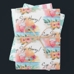 Seaside Sippin' | Tropical Beach Hibiscus Hooray Wrapping Paper Sheets<br><div class="desc">Tropical theme wrapping paper sheets feature a watercolor beach sunset with cocktails, flowers and palm leaves with a "Sip Sip Hooray" caption on sheet one. The second sheet features a pattern of white hibiscus flowers with an aqua blue background, and the third sheet features a stripe pattern in coral, blue,...</div>