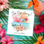 Seaside Sippin' | Tropical Beach Sip Sip Hooray Napkins<br><div class="desc">Tropical theme napkins feature a watercolor beach sunset,  cocktails,  hibiscus flowers and palm leaves with a "Sip Sip Hooray" caption. These would work great for a variety of celebrations: wedding couple's shower or anniversary,  engagement party,  bridal shower... you get the idea!</div>