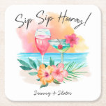 Seaside Sippin' | Tropical Beach Sip Sip Hooray Square Paper Coaster<br><div class="desc">Tropical theme drink coasters feature a watercolor beach sunset,  cocktails,  hibiscus flowers and palm leaves with a "Sip Sip Hooray" caption in handwriting script. Perfect for wedding,  shower,  engagement and anniversary celebrations with beach,  luau and tiki themes.</div>
