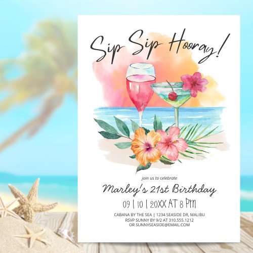 Seaside Sippin  Tropical Sip Sip Hooray Birthday Invitation