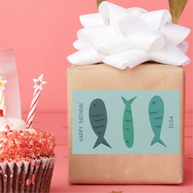 Seaside Soiree BIRTHDAY Cute Fishes CUSTOM Rectangular Sticker (Party)
