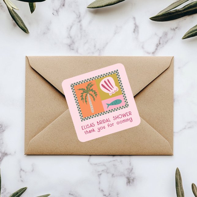 Seaside Soiree Bridal Shower Modern Cute CUSTOM Square Sticker (Seaside Soiree Bridal Shower Modern Cute Palm Tree Seashell CUSTOM Square Sticker
)