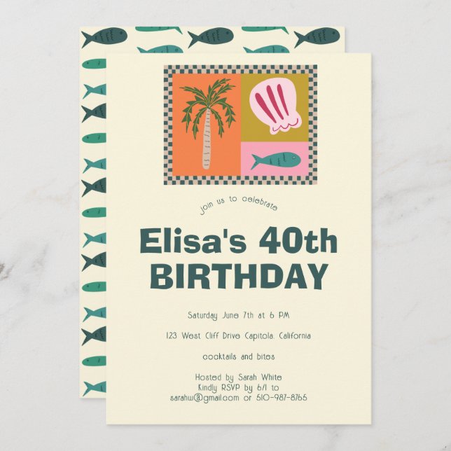 Seaside Soiree  Modern Cute CUSTOM Birthday Party Invitation (Front/Back)