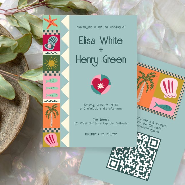 Seaside Soiree Modern Cute CUSTOM QR Wedding  Invitation (Seaside Soiree Modern Cute CUSTOM QR Wedding Invitation
)