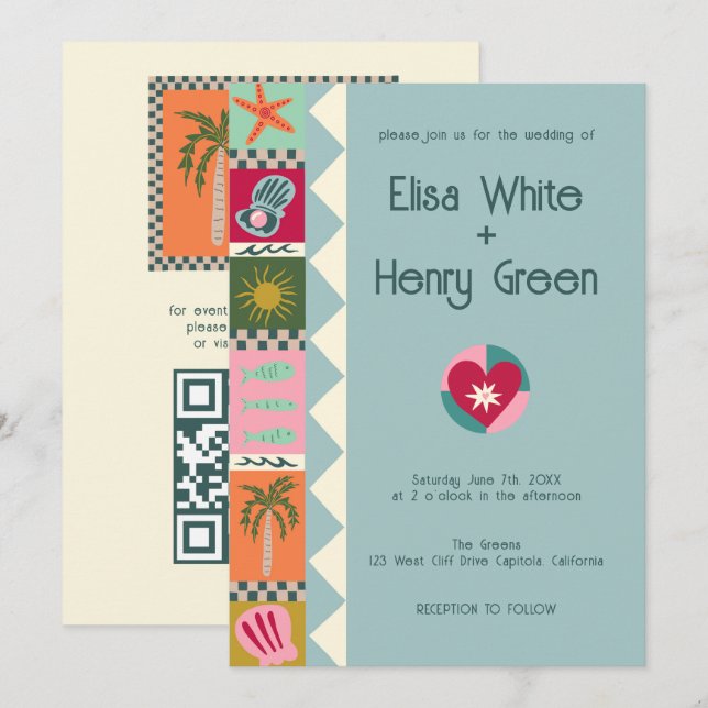 Seaside Soiree Modern Cute CUSTOM QR Wedding  Invitation (Front/Back)