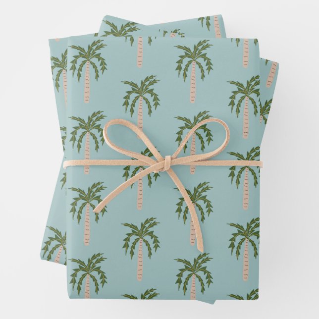 Seaside Soiree Palm Trees Blue Cute CUSTOM Wrapping Paper Sheets (In situ)
