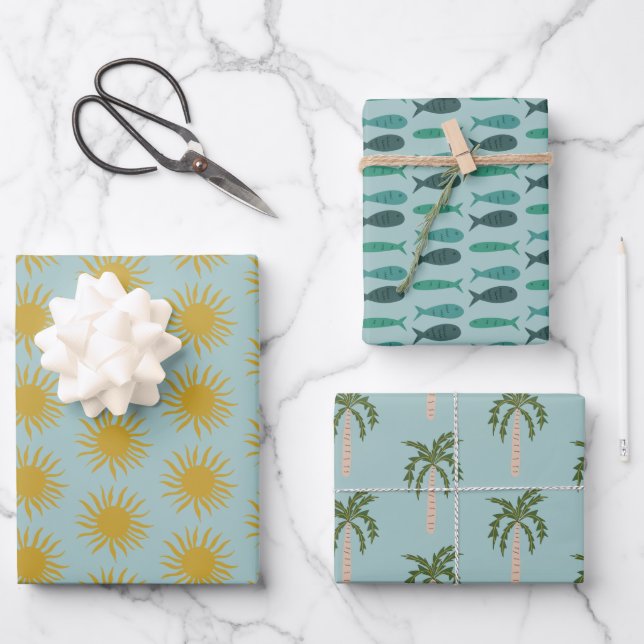 Seaside Soiree Palm trees Fishes Suns Cute CUSTOM Wrapping Paper Sheets (Front)