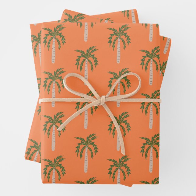 Seaside Soiree Palm Trees Orange Cute CUSTOM Wrapping Paper Sheets (In situ)