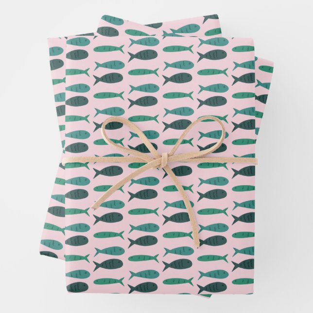 Seaside Soiree Three Fishes Modern Cute CUSTOM Wrapping Paper Sheets (In situ)