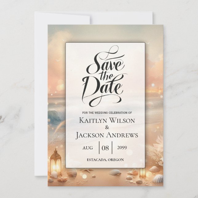 Seaside Sparkle and Sunset Dreams Wedding Save The Date (Front)