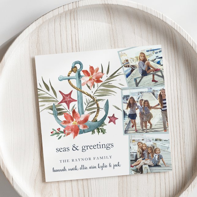Seaside | Square Holiday Photo Collage Card (Creator Uploaded)