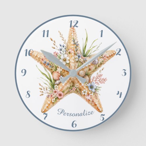 Seaside Starfish Floral Coastal Beach Bloom  Round Clock