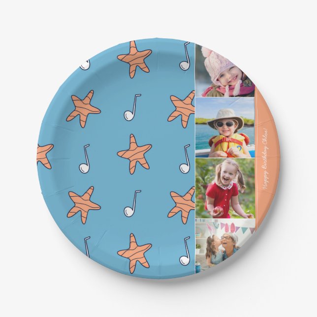Seaside Stars and Music Notes Happy Birthday Photo Paper Plates (Front)