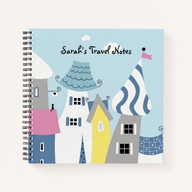 Seaside Town illustrated Personalised Travel Notebook (Front)