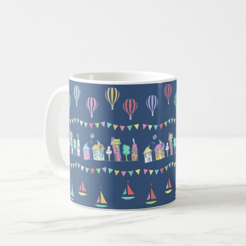 Seaside Town Sail Boats and Bunting Blue Coffee Mug