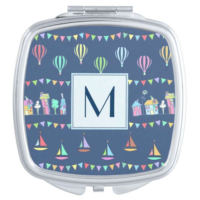 Seaside Town Sail Boats and Bunting Monogram Compact Mirror (Front)
