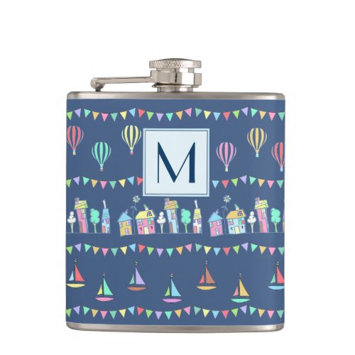 Seaside Town Sail Boats and Bunting Monogram Flask