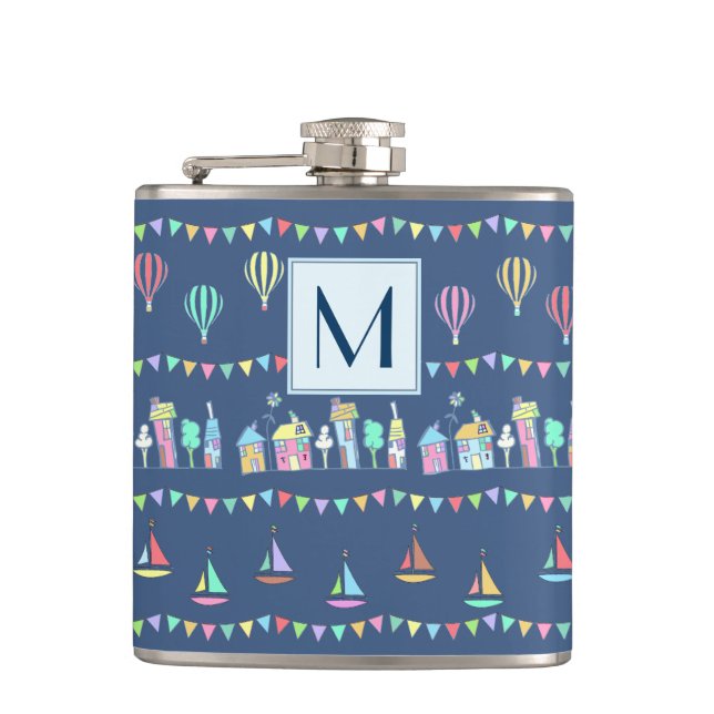 Seaside Town Sail Boats and Bunting Monogram Flask (Front)