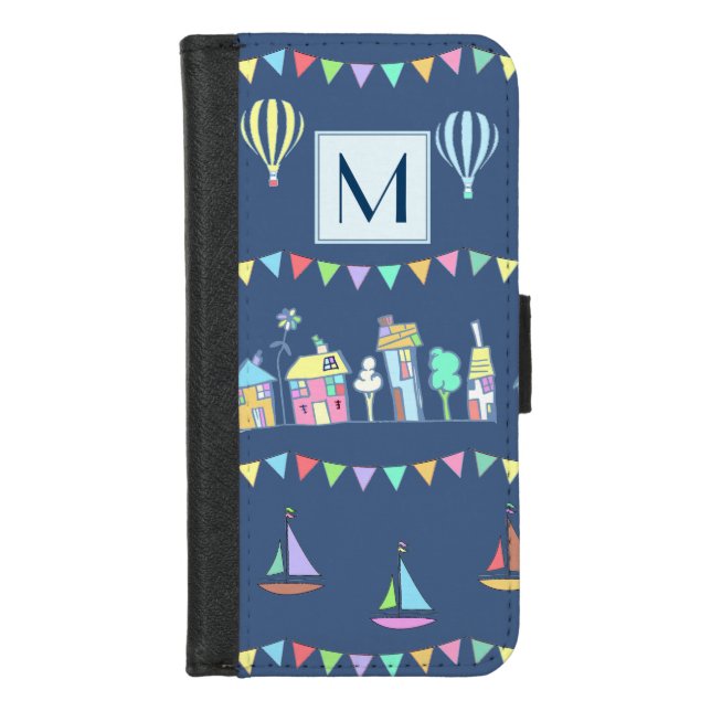 Seaside Town Sail Boats and Bunting Monogram iPhone Wallet Case (Front)