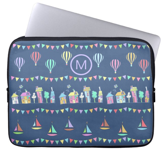 Seaside Town Sail Boats and Bunting Monogram Laptop Sleeve (Front)