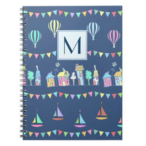 Seaside Town Sail Boats and Bunting Monogram Notebook