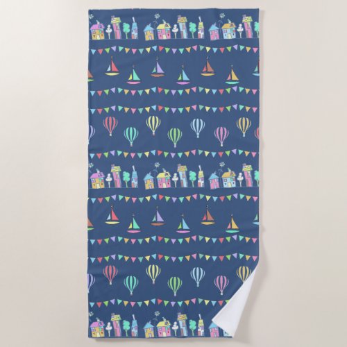 Seaside Town Sail Boats and Bunting Pattern Beach Towel