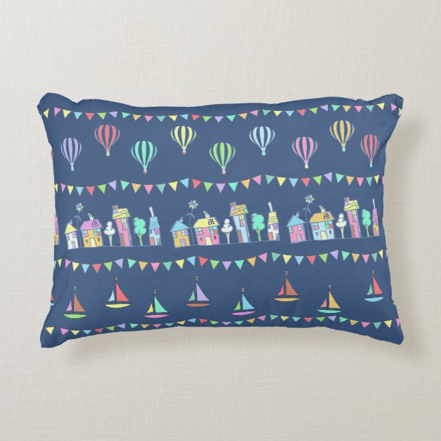 Seaside Town Sail Boats and Bunting Pattern Blue Accent Pillow (Front)