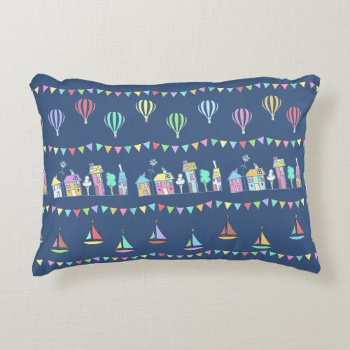 Seaside Town Sail Boats and Bunting Pattern Blue Accent Pillow