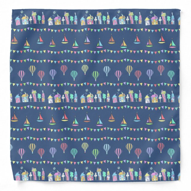 Seaside Town Sail Boats and Bunting Pattern Blue Bandana (Front)