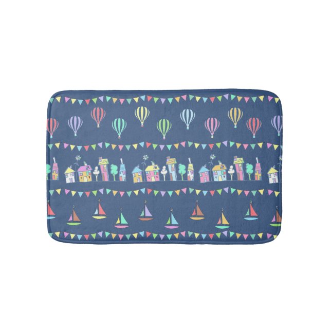 Seaside Town Sail Boats and Bunting Pattern Blue Bath Mat (Front)