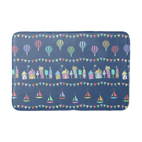 Seaside Town Sail Boats and Bunting Pattern Blue Bath Mat